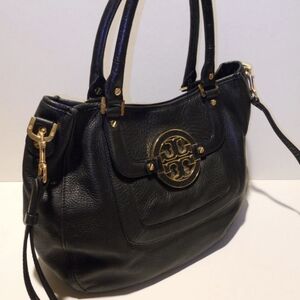 Authentic Tory Burch Black Leather Slouch Handbag with Gold Accents